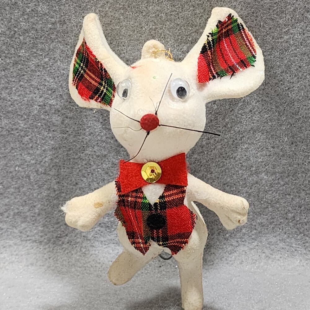 Flocked Big Ear Mouse Christmas Ornament Vintage Holiday Decor Vintage 1950-1960